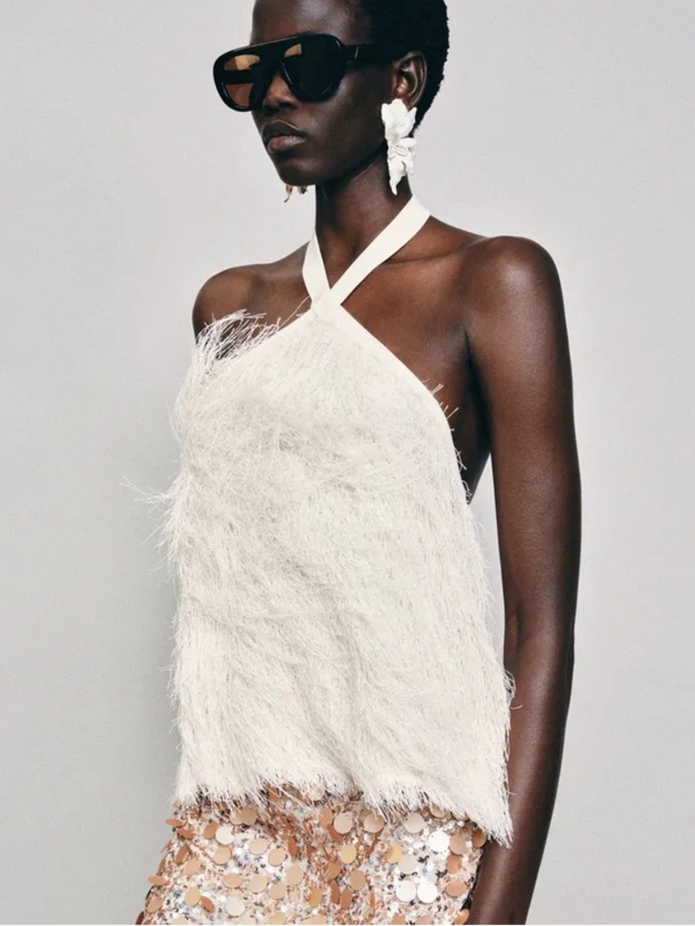 NWT Zara Woman Bloggers Fav HALTER TOP WITH FEATHERS AND METALLIC THREAD Size M